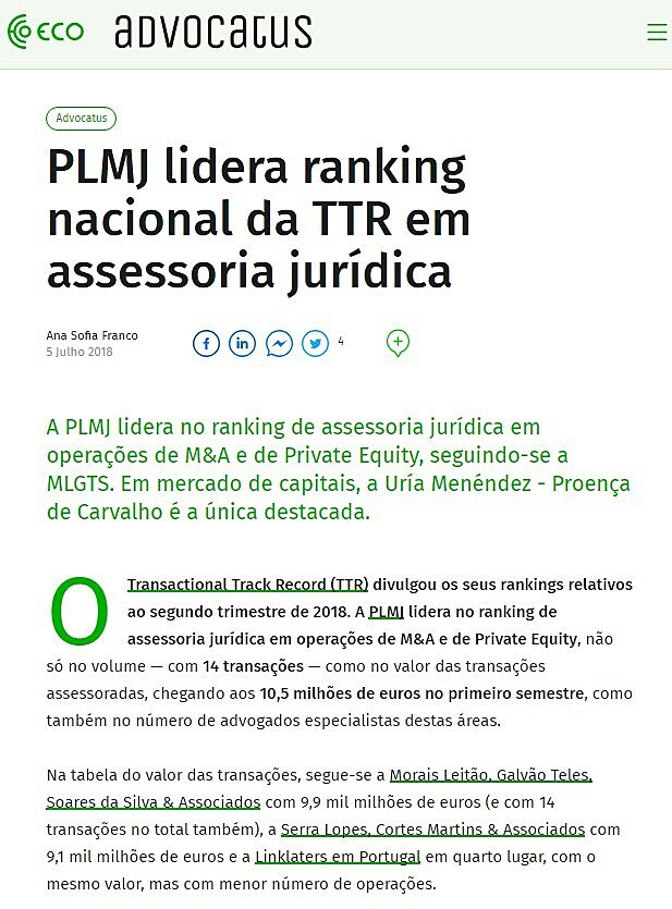 PLMJ lidera ranking nacional da TTR em assessoria jurdica